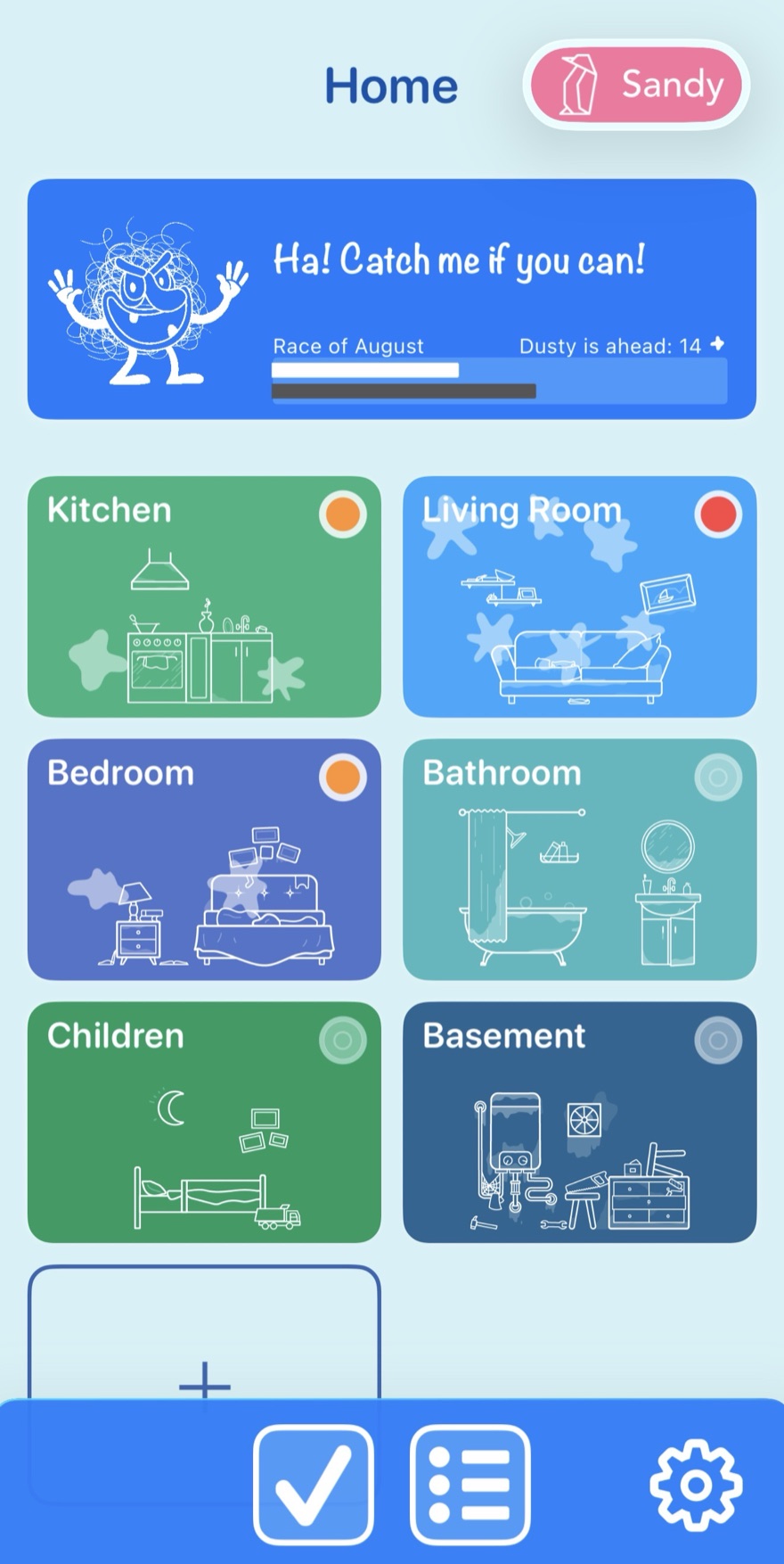 Tody's home screen with every room as a tile carrying a color-coded dueness indicator